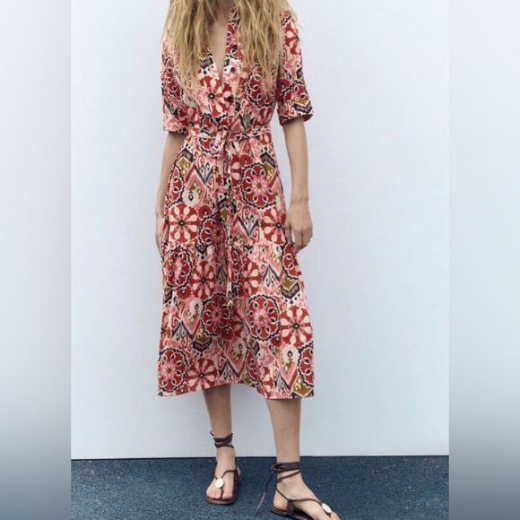 Zara Alesia belted midi print maxi dress | red & black multi floral tribal print - Picture 3 of 14